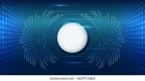 Fundo futurista com um círculo no centro, linhas onduladas digitais e código binário. Conceito abstrato de tecnologia, megadados e expansão dos fluxos de informação.