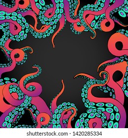 Futuristic background with colorful tentacles of an octopus frame, ocean motive flat cute cartoon illustration for web and print, cute decoration. 