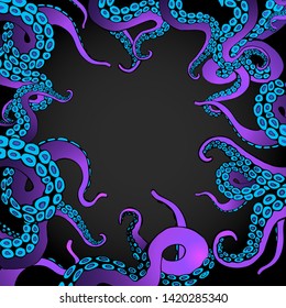 Futuristic background with colorful tentacles of an octopus frame, ocean motive flat cute cartoon illustration for web and print, cute decoration. 