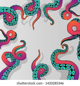 Futuristic background with colorful tentacles of an octopus frame, ocean motive flat cute cartoon illustration for web and print, cute decoration. 