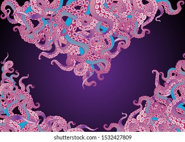 Futuristic background with colorful tentacles of an octopus frame, ocean motive flat cute cartoon illustration for web and print, cute decoration. 