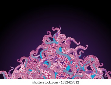 Futuristic background with colorful tentacles of an octopus frame, ocean motive flat cute cartoon illustration for web and print, cute decoration. 