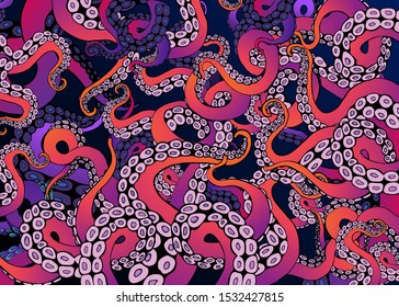 Futuristic background with colorful tentacles of an octopus frame, ocean motive flat cute cartoon illustration for web and print, cute decoration. 