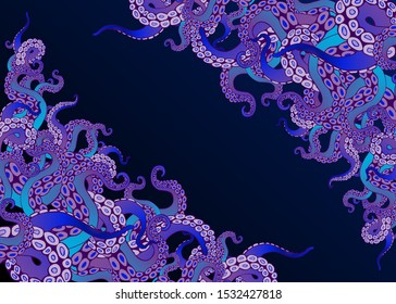 Futuristic background with colorful tentacles of an octopus frame, ocean motive flat cute cartoon illustration for web and print, cute decoration. 