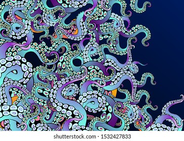 Futuristic background with colorful tentacles of an octopus frame, ocean motive flat cute cartoon illustration for web and print, cute decoration. 