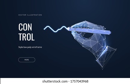 Futuristic background with the concept of signing a contract or vote for a landing page. Vector illustration hands with hand in wireframe polygonal style on a blue background