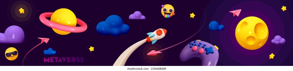 Futuristic Background cosmic space creative design. Abstract horizontal banner concept game metaverse. Realistic 3d cartoon style planets, space game gamepad, rocket flying in sky. vector illustration