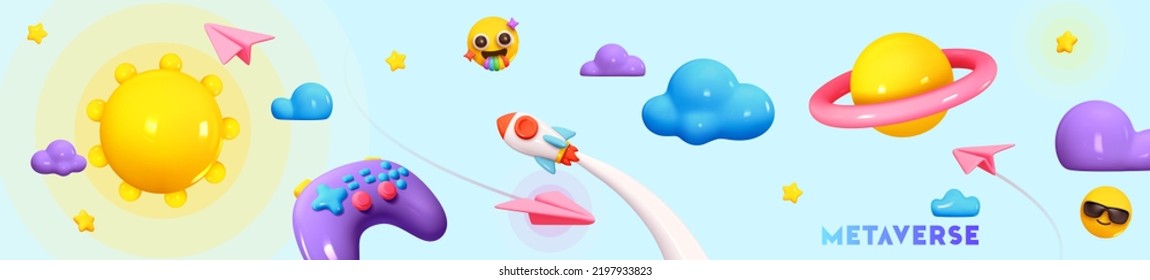 Futuristic Background cosmic space creative design. Abstract horizontal banner concept game metaverse. Realistic 3d cartoon style planets, space game gamepad, rocket flying in sky. Vector illustration