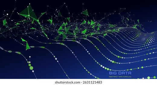 Futuristic background curve lines connecting dots quantum computing with polygons broken data on dark . Digital technology concept research lost bytes in cyberspace. Big data.