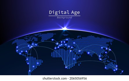 Futuristic background of Digital blue dotted world map on the edge of the Globe with the sunlight flare. The World is connected by Digital communication technology concept. vector