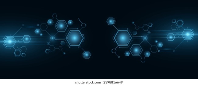 Futuristic background of digital glowing sci-fi hexagons. Artificial intelligence and neural networks cover. Big data. Vector illustration. EPS 10.