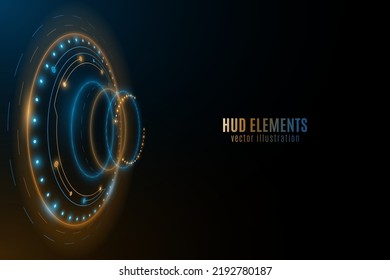 Futuristic background with digital HUD elements with blue and orange light effect. User interface. Modern technology background. Cyber space. Dashboard display. Vector illustration. EPS 10