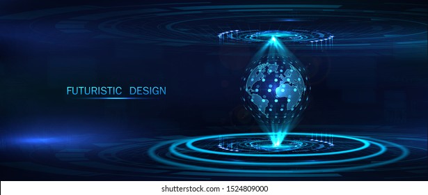 Futuristic background, Earth globe hologram. Yhree-dimensional interface, Sky-fi concept, science fiction scene. Vector high-tech illustration 