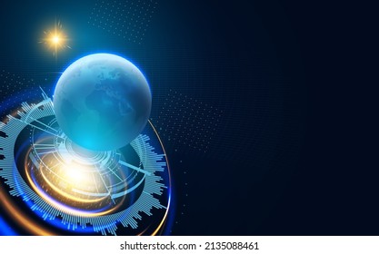 Futuristic background with Earth planet, World map, techno screen elements and light effects. Interface design