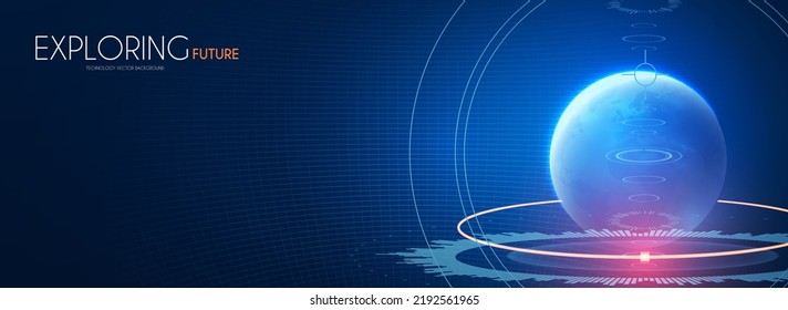 Futuristischer Hintergrund mit Erde Planet, Weltkarte, Techno-Bildschirm-Elemente und Lichteffekte. Schnittstellendesign