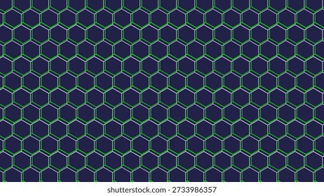 Fondo futurista con una malla hexagonal azul oscuro con reflejos brillantes de color verde neón. Ideal para temas de tecnología, juegos y seguridad digital.