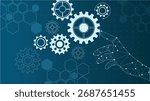 Futuristic background featuring a digital polygon hand interacting with mechanical gears, symbolizing automation, technology, engineering, and innovation in modern industry.