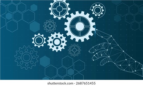 Fondo futurista con una mano de polígono digital que interactúa con engranajes mecánicos, simbolizando la automatización, la tecnología, la ingeniería y la innovación en la industria moderna.