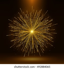 Futuristic background of fireworks flare. Fly away gold confetti. Chaotic glowing particles. Abstract geometric shape.