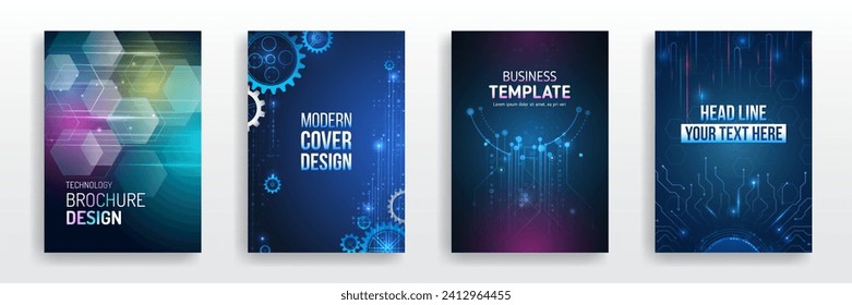 Fondo futurista para volante, folleto. Plantilla de portada científica para presentación, banner. Conjunto de portadas de alta tecnología para marketing. Diseño tecnológico moderno para afiches. 