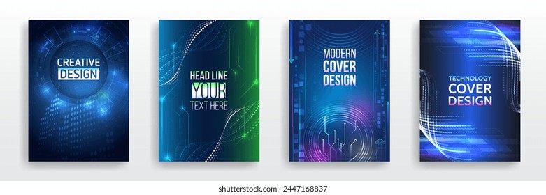 Futuristic background for flyer, brochure. Scientific cover template for presentation, banner. Set of high-tech covers for marketing. Modern technology design for posters.