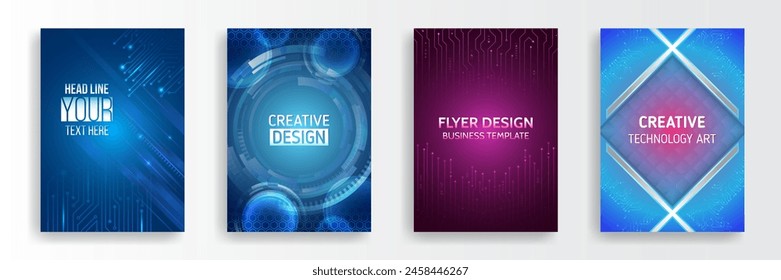 Futuristic background for flyer, brochure. Scientific cover template for presentation, banner. Set of high-tech covers for marketing. Modern technology design for posters.