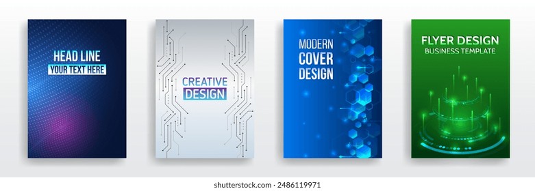 Fondo futurista para volante, folleto. Plantilla científica de la cubierta para la presentación, Anuncio. Diseño de página establecido para ciencia ficción. Conjunto de cubiertas de alta tecnología para la comercialización. Diseño de tecnología moderna para carteles.