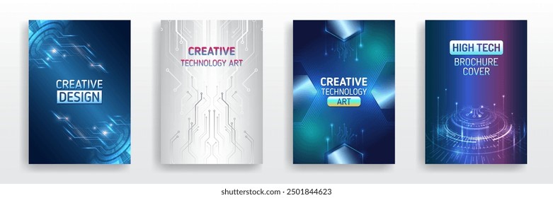 Futuristic background for flyer, brochure. Scientific cover template for presentation, banner. Page layout set for sci-fi. Set of high-tech covers for marketing. Modern technology design for posters.