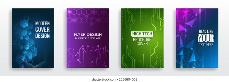 Futuristic background for flyer, brochure. Scientific cover template for presentation, banner. Page layout set for sci-fi. Set of high-tech covers for marketing. Modern technology design for posters.