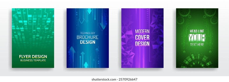 Futuristic background for flyer, brochure. Scientific cover template for presentation, banner. Page layout set for sci-fi. Set of high-tech covers for marketing. Modern technology design for posters.