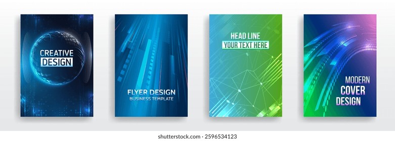 Futuristic background for flyer, brochure. Scientific cover template for presentation, banner. Page layout set for sci-fi. Set of high-tech covers for marketing. Modern technology design for posters.
