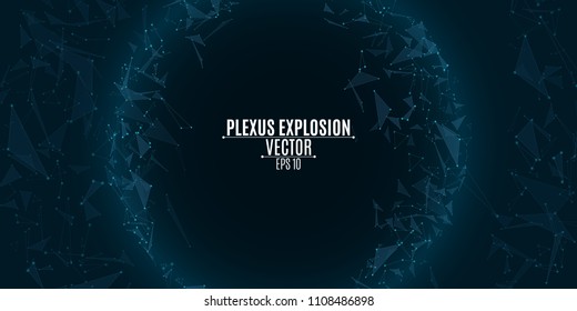 Futuristic background of flying luminous triangles. Plexus explosion. Geometric modern design. Hi-tech, sci-fi. Molecular physics. Scientific banner. Vector illustration. EPS 10