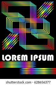 Futuristic background with geometric line shapes in rainbow design, flyer, leaflet, book cover, manual cover, high contrasting illustration on black area