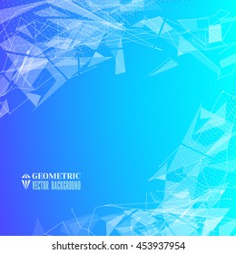 Futuristic background with geometric triangular fragments and dots.Flying space debris.Abstract blue backdrop for business presentation.