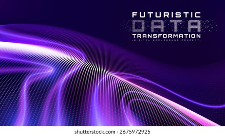 Futuristic background with glow purple particle wave and neon curve line element. Digital network technology and data flow design. Vector illustration.