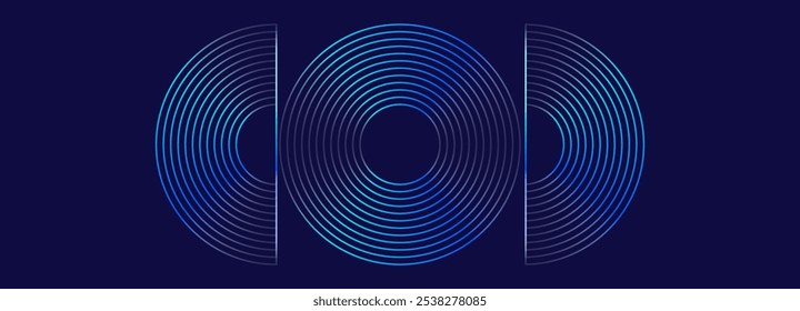 Fundo futurista com círculos brilhantes. Linhas redondas azuis abstratas isoladas sobre fundo escuro. Ilustração vetorial