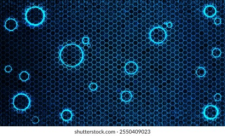 Antecedentes futuristas. Círculos de neón brillantes sobre fondo poligonal azul oscuro. Concepto de tecnología digital, tecnología . Ilustración vectorial  