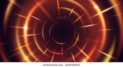 Fondo futurista con túnel de luz. Anuncio oscuro con rayos rojos brillantes y destellos de luz que emanan del centro. Explosión radial de energía con partículas brillantes. Ilustración vectorial Abstractas de neón