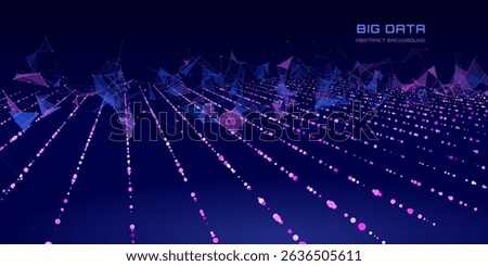 Futuristic background lines from dots quantum computing with polygons broken data on dark . Digital technology concept research lost bytes in cyberspace. Big data.