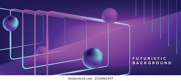 Futuristic background neon 3D shapes, geometric frames on a deep purple gradient backdrop. Modern technology, innovation and abstract.