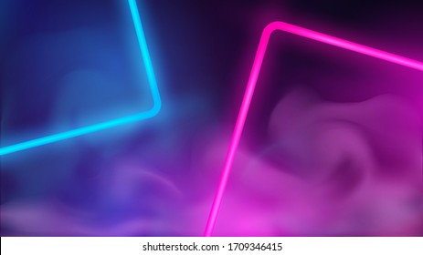 Futuristic background with neon blue and pink luminous squares and steam or smoke