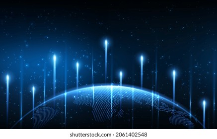 Futuristic background planet Earth with luminous rays. Global network background. Future. Blue globe earth background. World map point composition concept of global business. Vector illustration EPS10