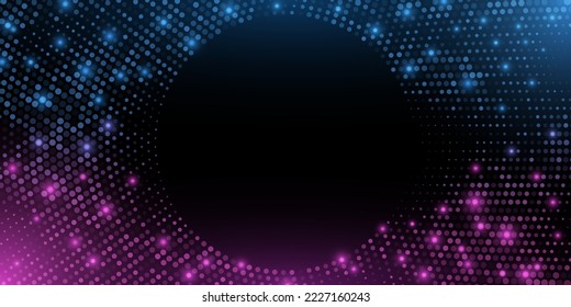 Futuristic background of purple and blue glittering halftone pattern. Glowing dots circle for a disco party. Glamour round frame for your design. Stylish retro frame. Vector illustration. EPS 10