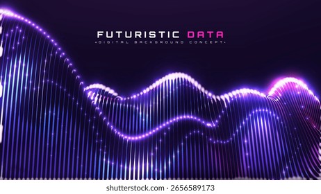 Fundo futurista com elementos de onda de partícula brilhante roxo. Tecnologia de rede digital e cena do fluxo de dados. Conceito de design de plano de fundo de modelo de inteligência artificial. Ilustração vetorial.