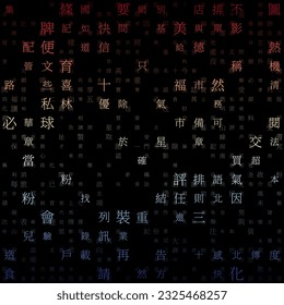 Futuristic background. Random Characters of Chinese Simplified Alphabet (Hong Kong). Gradiented matrix pattern. Red yellow blue color theme backgrounds. Tileable horizontally.