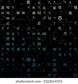 Futuristic background. Random letters of Tibetan Alphabet. Gradiented matrix pattern. Yellow blue color theme backgrounds. Tileable horizontally. Elegant vector illustration.