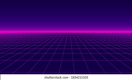 Futuristic background in retro style. Digital grid landscape of the 80s. Vector background for party.