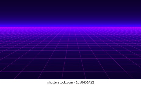 Futuristic background in retro style. Digital grid landscape of the 80s. Vector background for party.