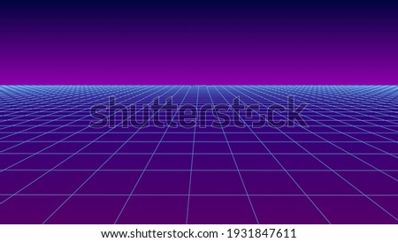 Futuristic background in retro style. Digital grid landscape of the 80s. Vector background for party.