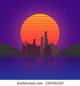 Futuristic background retro style. Sunset. Vector illust